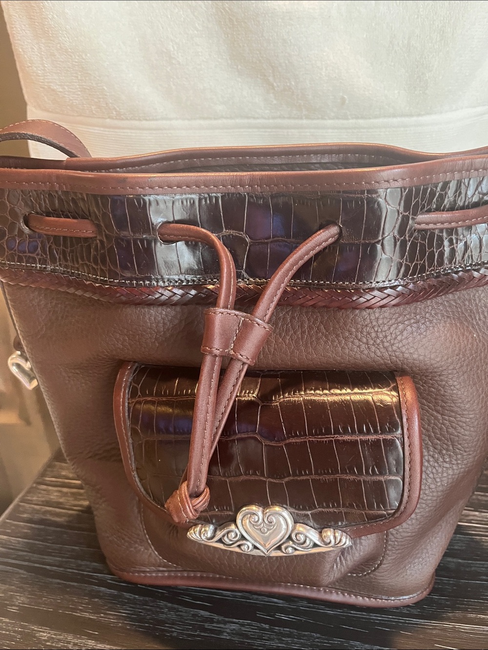 Brighton Brown Leather Shoulder Bag with Croc-Embossed Trim